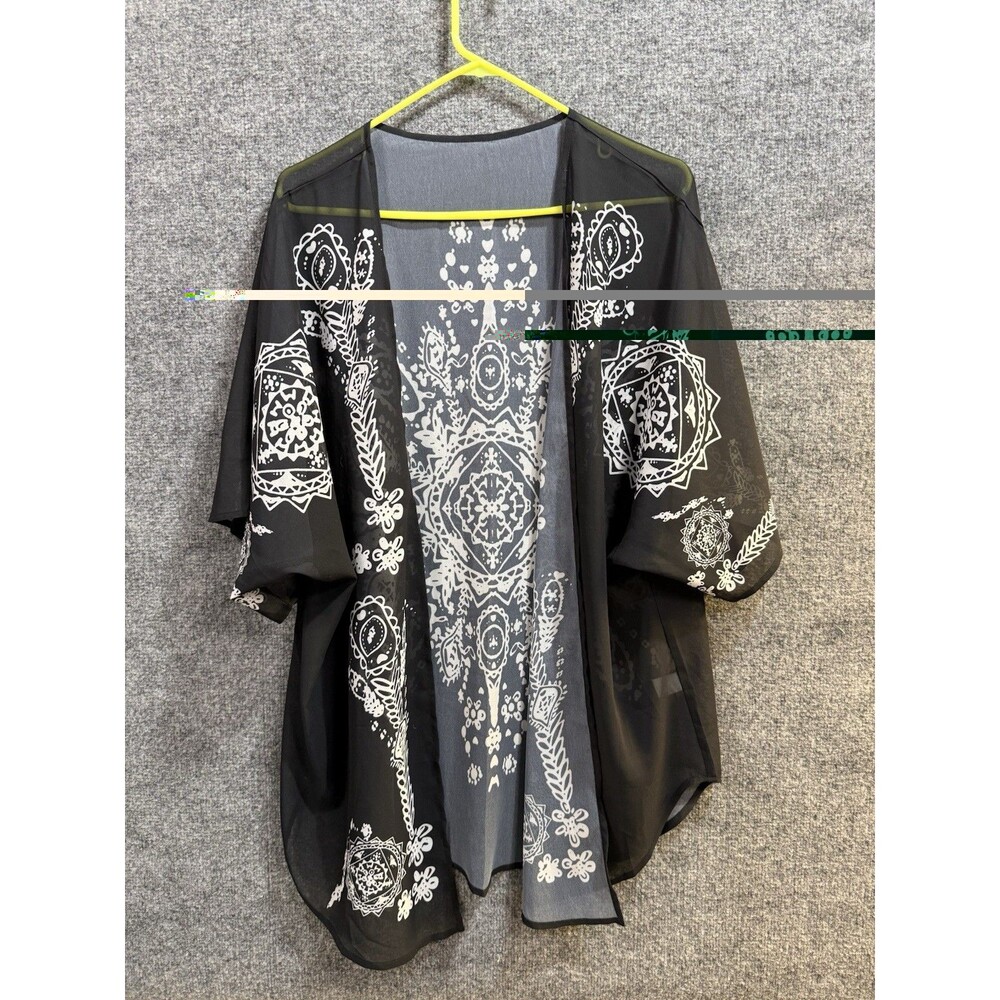 Black & White Mandala Print Sheer Chiffon Kimono Jacket – Women’s M – 3/4 Sleeve